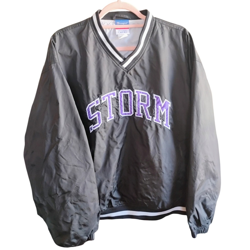 Vintage Champion Storm Nylon Pullover‎ Jacket Mens M Black Purple Spellout